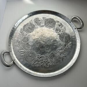 13" Round Aluminum Floral Serving Tray with Handles Zinnia Chrysanthemum